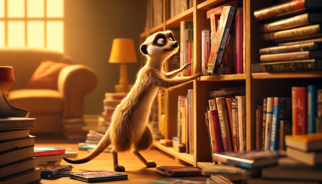 A meerkat frantically searching for a DVD in a bookshelf