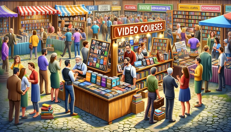 A vibrant marketplace scene, where video course creators are selling their courses as DVDs to learners. The market is bustling with activity, featuring stalls and booths adorned with various course titles and topics, with creators engaging with learners.