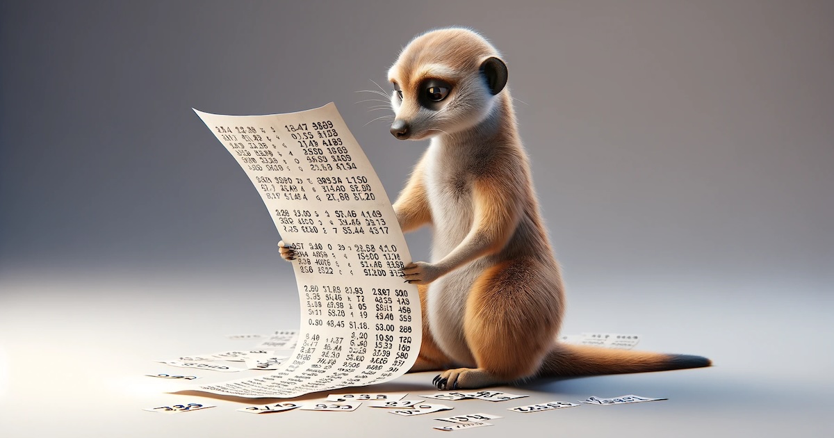 A meerkat reading a piece of paper filled with numbers.