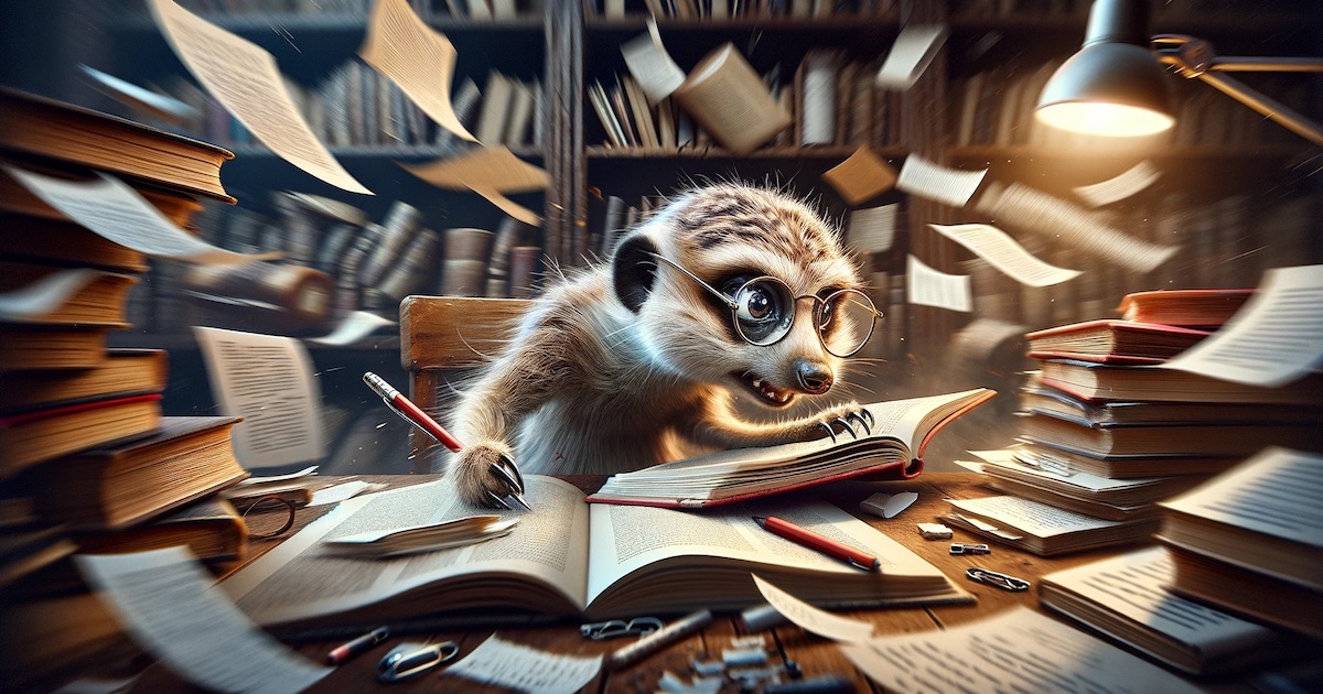 A meerkat speed-reading a book and taking notes.