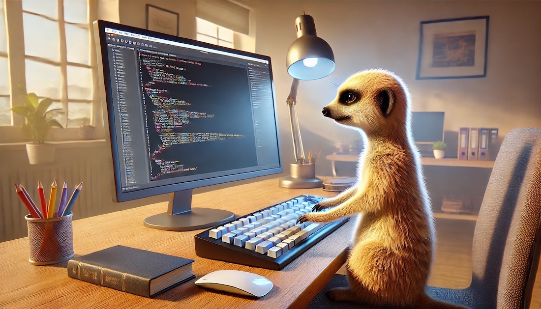 A meerkat typing into a text editor using a keyboard