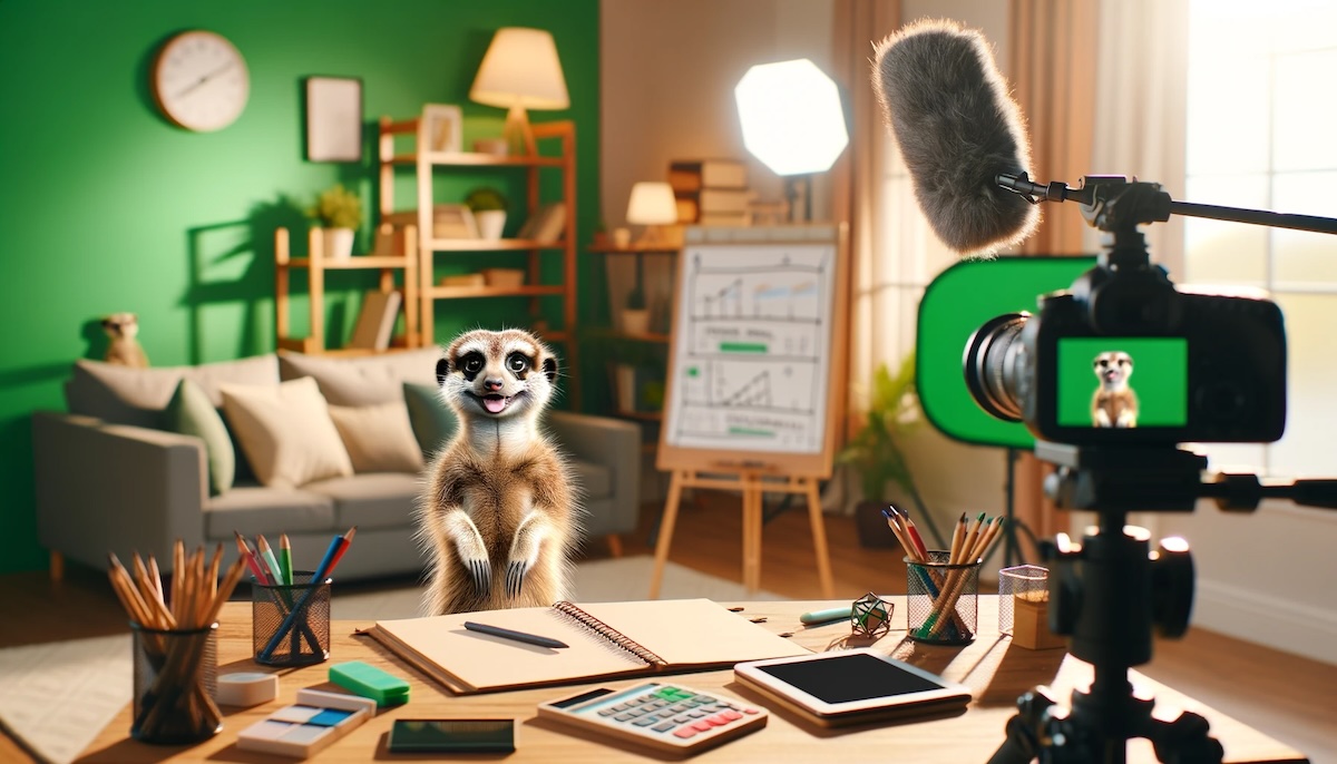 A meerkat filming a video course in a home studio, as requested. The scene captures the meerkat in the midst of teaching, surrounded by professional video recording equipment in a cozy setting.