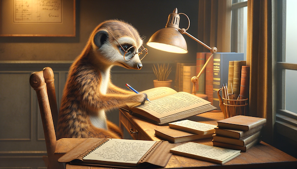 An image of a meerkat reading a book and taking notes in a notebook, sitting at a small wooden desk.