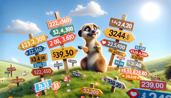 An image of a happy meerkat playing with a collection of house price signs on a hill.
