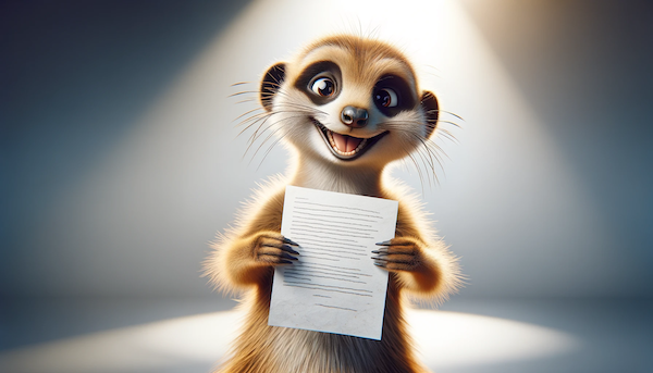 An image of a happy meerkat holding a book with the pages facing the viewer, set against a cozy library backdrop.