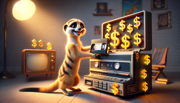An image of a happy meerkat inserting a VHS tape into a machine adorned with dollar signs. The meerkat stands on its hind legs, exhibiting a cheerful demeanor.