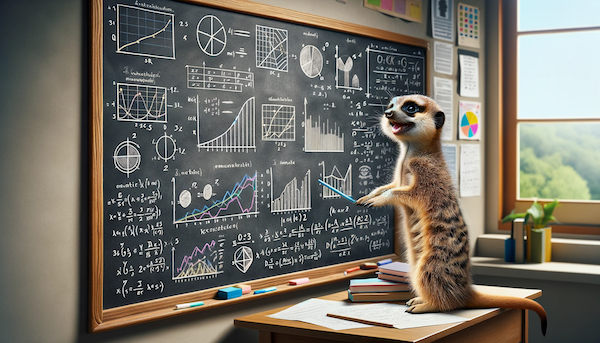 An image of a happy meerkat studying a blackboard filled with graphs and math formulas..