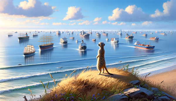 An image of a meerkat watching a variety of ships sailing past from a coastal cliff.